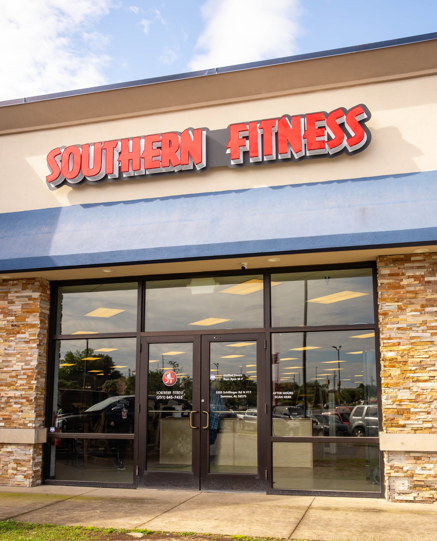 Southern Fitness storefront with its red sign